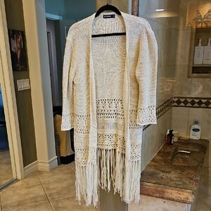 [Blank NYC] Cream Fringe Hem Cardigan - Boho Chic Layering Piece - XS